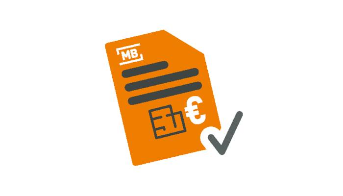 Symbolgrafik eines orangefarbenen Angebotsdokuments mit MB-Logo, Grundriss-Icon, Euro-Zeichen und Haken – steht für verbindliches Kellerangebot